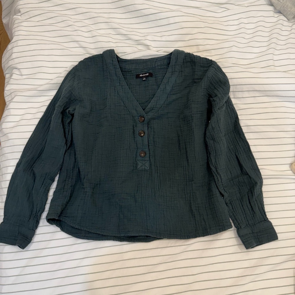 Madewell Dark Green V-Neck Buttoned Women's Top